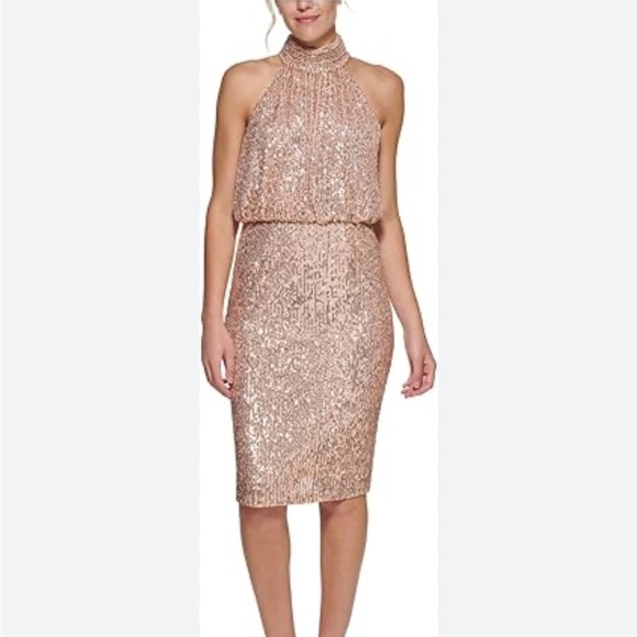 Elegant Rose Gold Sequined Mock Neck Sleeveless Dress- Size 6 - Picture 1 of 11
